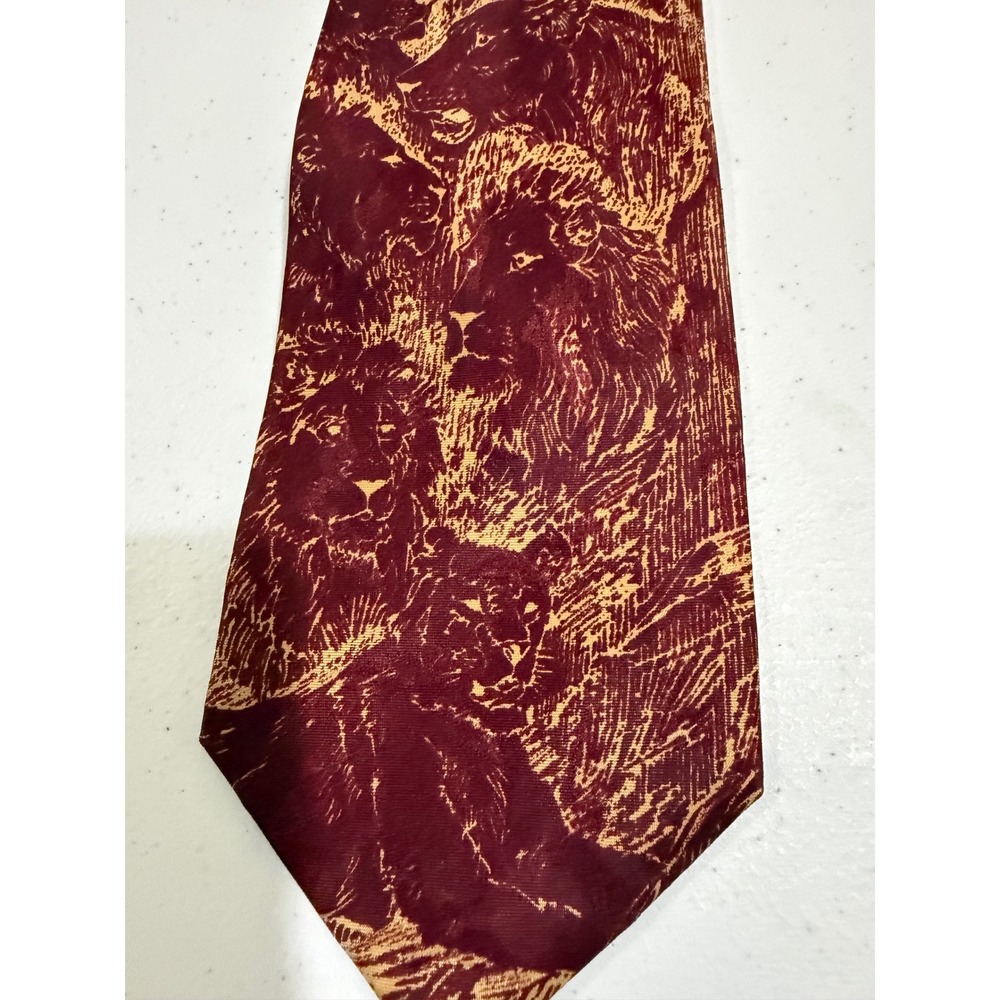 Eagles Wings Mens Lion Graphic Print Necktie Burgundy Gold Wildlife Art Tie